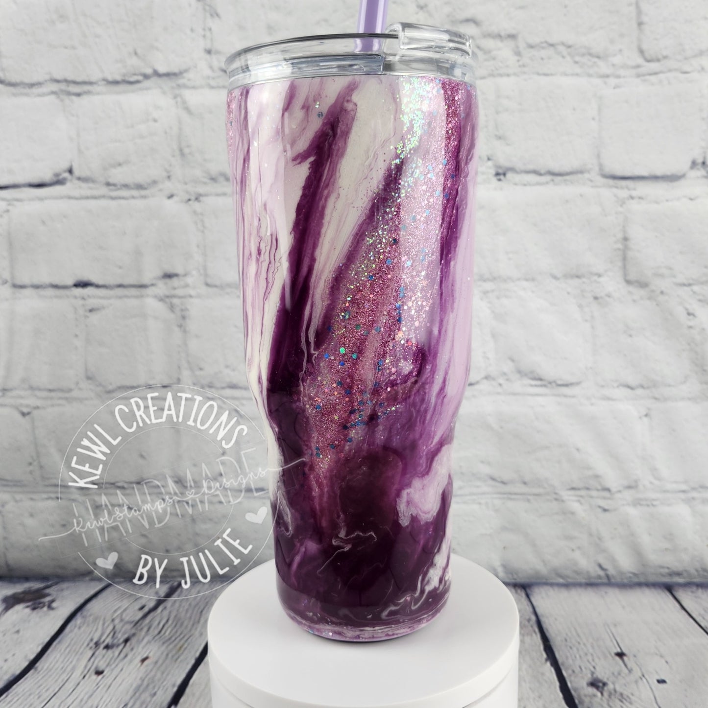 Custom Tumbler - One of a kind, handpainted, glittered, swirls epoxied  REDUCE Brand stainless steel tumbler with straw.