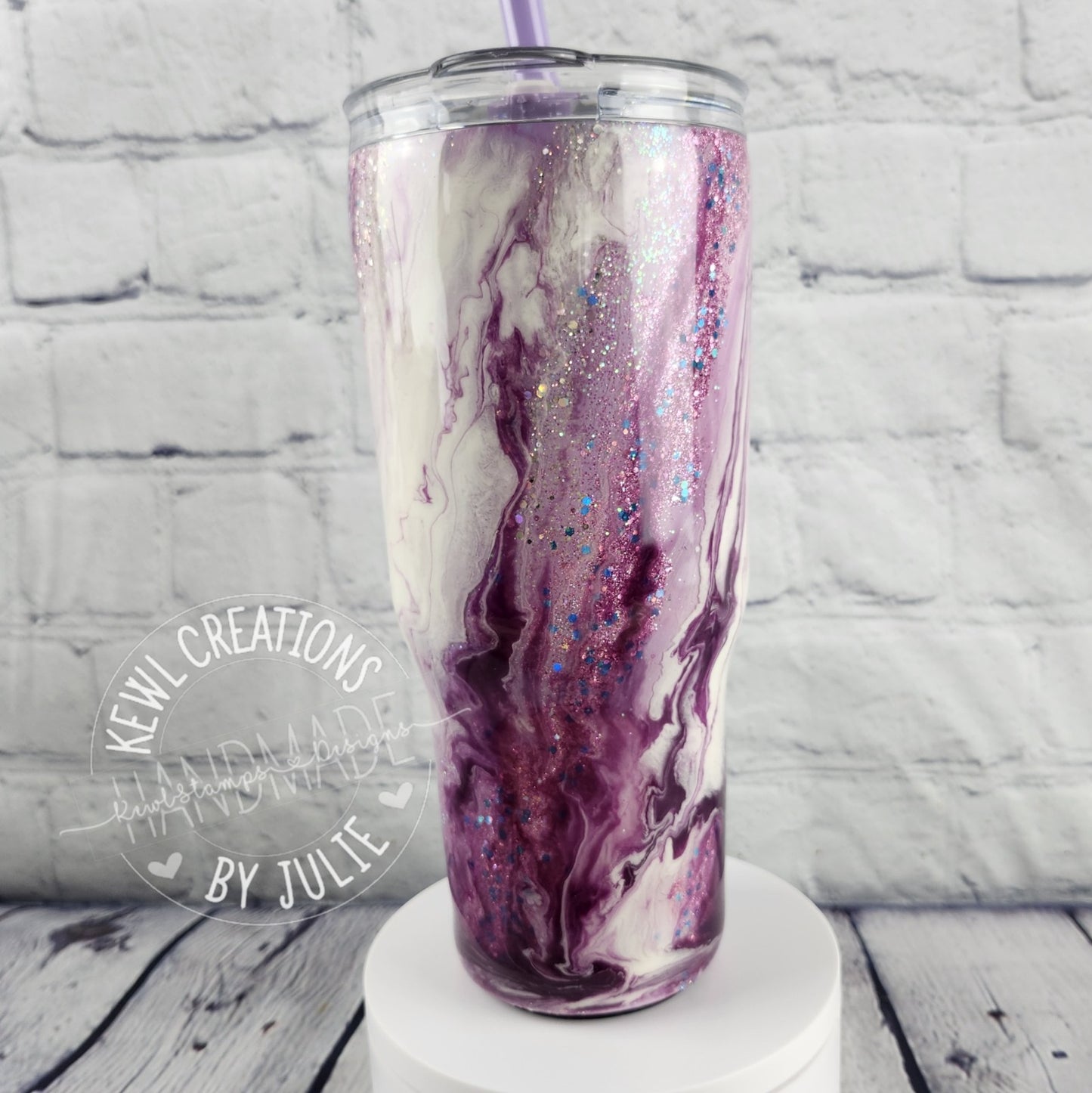 Custom Tumbler - One of a kind, handpainted, glittered, swirls epoxied  REDUCE Brand stainless steel tumbler with straw.