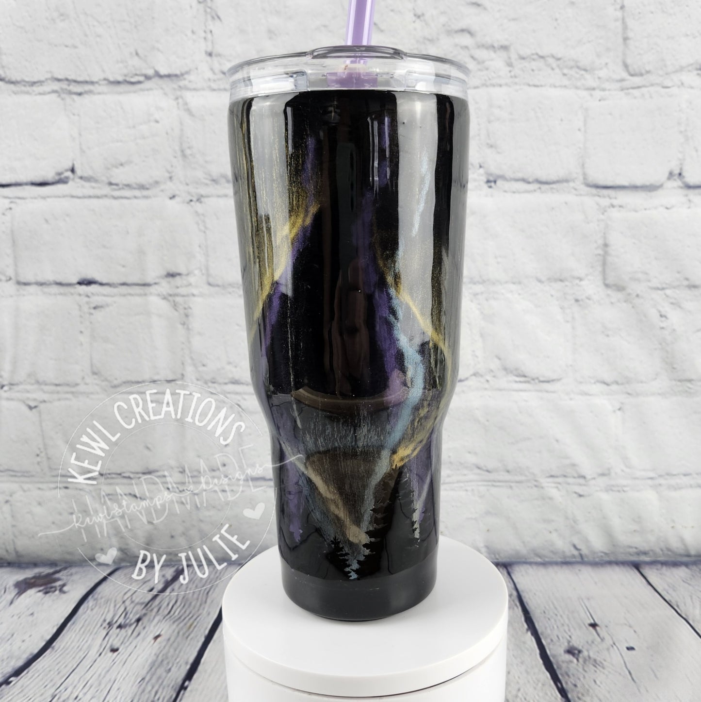 Custom Tumbler - One of a kind, handpainted, glittered, swirls epoxied  REDUCE Brand stainless steel tumbler with straw.