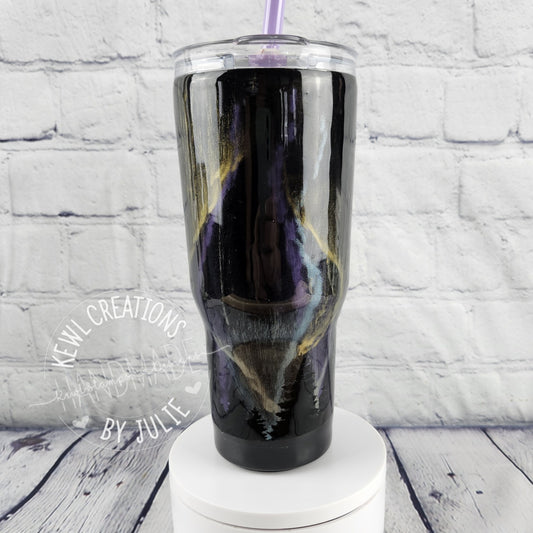 Custom Tumbler - One of a kind, handpainted, glittered, swirls epoxied  REDUCE Brand stainless steel tumbler with straw.