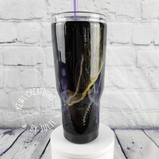 Custom Tumbler - One of a kind, handpainted, glittered, swirls epoxied  REDUCE Brand stainless steel tumbler with straw.